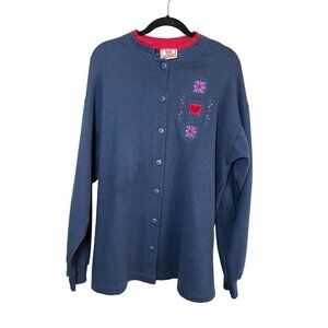 Retro Floral Sweater Cardigan L Blue Grandma Boho Western Embroidery 80s Artsy